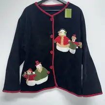 VINTAGE Holiday Suede Jacket Snowman Black Button Up Womens One Size NEW
