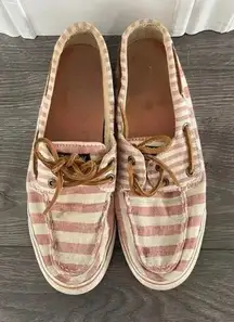 Sperry Boat Shoes Red and White Seer Sucker Stripe Leather Lace Up Preppy Size 7
