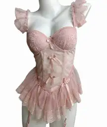 NWT Elegant Pink Lace Corset Lingerie Set with thong and garter straps