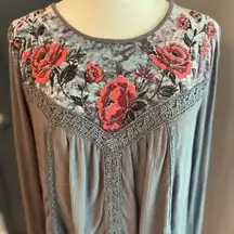 Floral Embroidered Burnout Velvet Cottagecore Blouse with Lace Detail Keyhole
