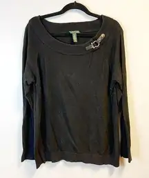 LRL Lauren Ralph Lauren Sweater Black Long Sleeve Buckle Collar Knit 2X GUC
