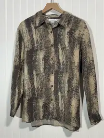 Anna and Frank 100% Silk Blouse L Snake Print Neutral Brown Beige Button Down