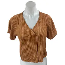 Leith Women's Brown Polka Dot Button V-neck Short Sleeve Cropped Blouse Top XXS