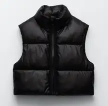 ZARA  Black Faux Leather Cropped Puffer Vest Jacket Size S