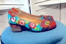 Socofy leather red teal colorful boho floral 3D butterfly pattern pumps sz 39 8