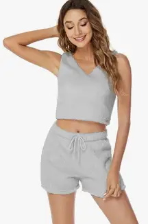 Womens Sexy Warm Fuzzy Fleece Cropped Lounge Two- Piece Set Size Small