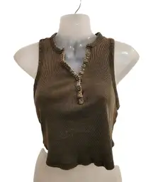 Garage Brown Sleeveless Knit Rib Casual Pullover Cropped Henley Tank Top Medium
