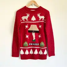 A Christmas Story Wool Leg Lamp Sweater Tassels Reversible Red Cream Medium NEW