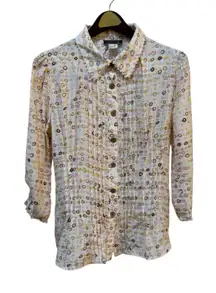 Peruvian Connection Silk Geometric Button Down Blouse Pleated Size‎ 14
