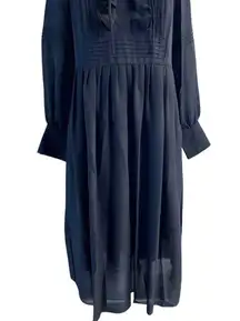 WORTH Collection Georgette Pintuck Peasant Dress New Navy Blue Midi Ruffle 6 NWT