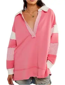 FREE PEOPLE We The Free Pink Clean Prep Polo Long Sleeve Oversized Size M