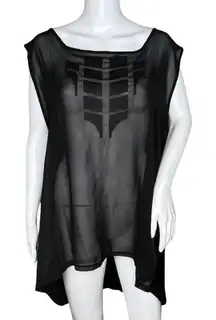 Dantelle Shirt Womens 3X Black‎ Sheer Front Chiffon Mixed Media Asymmetric Hem