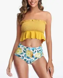 Women’s Two Piece Swimsuit Ruffles Bikini Set High Waisted Lemon Print Yellow