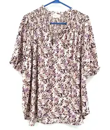 melloday size 2X short sleeve blouse floral print smocked upper‎ cream purple