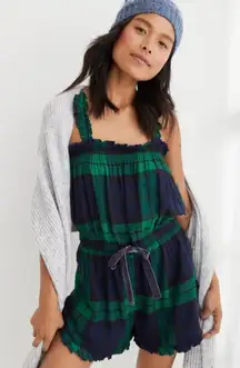 NWT Aerie Plaid Ruffle Romper Sleepwear Green Blue Size XS