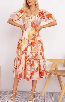 [Vafadress] Orange Abstract Floral Print Smocked Tiered Midi Dress NWT Sz Medium