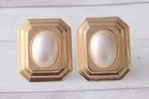 Vintage Clip On Earrings Rectangle Gold Tone & Pearlescent - Clip Repair Needed