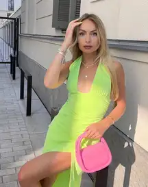 drapped fit halter dress in light pistachio