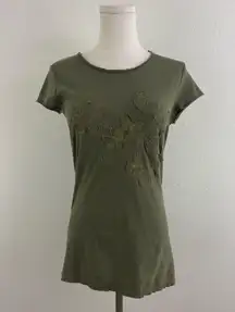 EXPRESS Y2K Dark Green Golden Thread Floral Butterfly Grunge Short Sleeve Tee