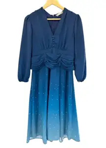 Wayward Fancies eShakti Blue Gradient Star Print Midi Dress Long Sleeve Ruched
