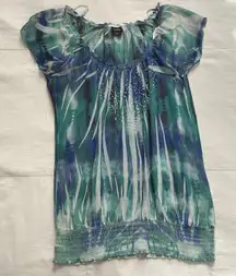 Y2K blue green tie dye sublimation print semi sheer bubble hem top rhinestones