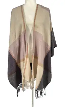 Woolrich Sweater Poncho Women's One Size Plaid Shawl Open Fringe Cardigan Top