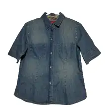 Sundance Button Down Denim Shirt 100% Cotton Short Sleeve Pocket Pleated Blue 6