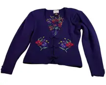 Susan Bristol Wool‎ Embroidered Cardigan - Women's M Purple Floral