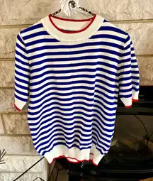 Striped Blue and White Red Short Sleeve Sweater Large *Runs Small*