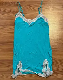 Vintage Victoria Secret Turquoise Lace Trim Slip Dress Size M Y2k Early 2000’s