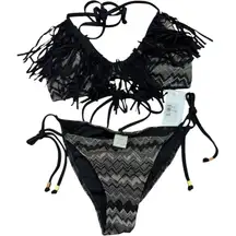 NWT L Space Black Audrey Fringe Halter‎ Swimsuit String Bikini S/M