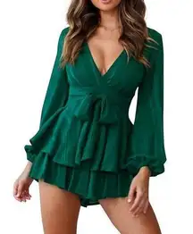 NEW Green Rompers V Neck Waist Tie Layered Ruffle Hem S