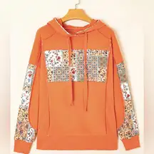 NWT Women’s Floral Patchwork Hoodie with Drawstring Orange Size Large