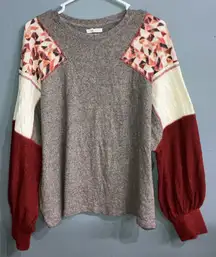 Maurice’s Gray Sweater with Red and Cream Patchwork Geometric Patterned Sleeves