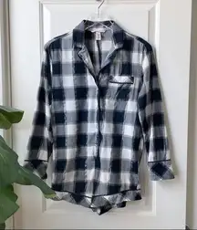 Victoria’s Secret Buffalo Plaid Romper Sleep Long Sleeve Black White Silver XS