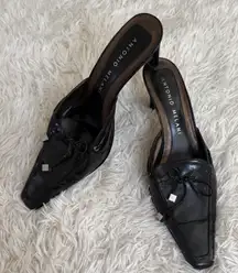 Antonio Melani Black Leather Mules Heels Pointed Toe Tie Detail Size 8M