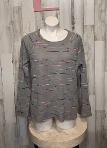 Karen Scott Sport Gray Waffle Knit Long Sleeve Shirt | Pink Stripe Textured Top