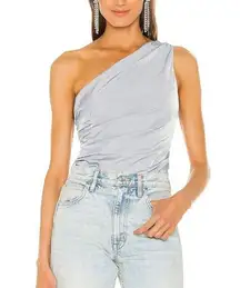 NBD One Shoulder Ruched Bodysuit Pastel Blue Top XS Satin Goddess Miles $128 NEW