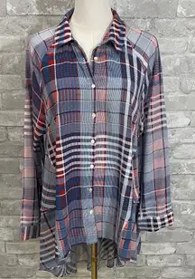 See and Be Seen button-front shirt in a red, white, and blue plaid pattern.