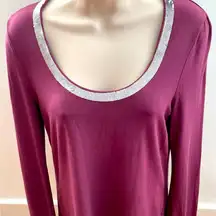Boden maroon dark red blouse w/silver sequin deep round neck, size 8 preppy