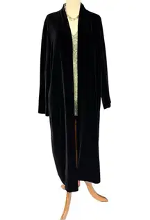 Vintage Black Velvet Duster Topper Coat (Fits M) Long Black Open Front Duster