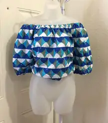 Blue white off the shoulder top blouse shirt short puff sleeve elastic waist rhinestones