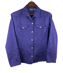 Women’s Chico’s Size 1 Royal Purple Rose Patterned Button Up