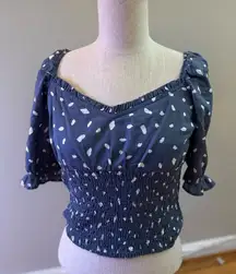 Abercrombie & Fitch Puff Short-Sleeve Smocked Waist Top Polkadot Blue M NWOT