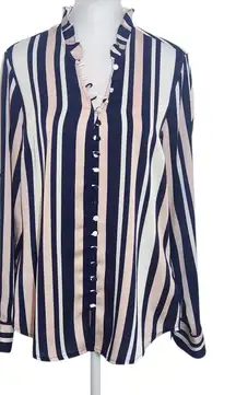 Express Navy and Pink Striped Button-up Blouse with Ruffle Neckline Size Medium