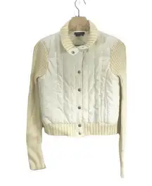 BCBG Cream Quilted Bomber Jacket size M knit arms snap buttons