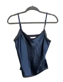 Ellison Slip Satin Lace Trim Tank Cami VNeck Blue Size Small