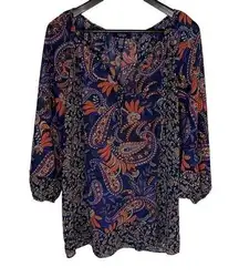 CHAPS Womens Tunic Blouse Top 3/4 Sleeve V Neck Paisley Blue Orange Size XL