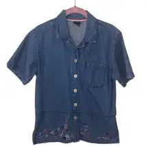 Denim Shirt Size S Embroidered Blue Short Sleeve Button Front Layering Shacket