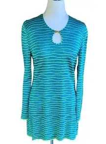 ST. JOHN COLLECTION LONG SLEEVE KEYHOLE NECKLINE SWEATER  S TURQUOISE STRIPE